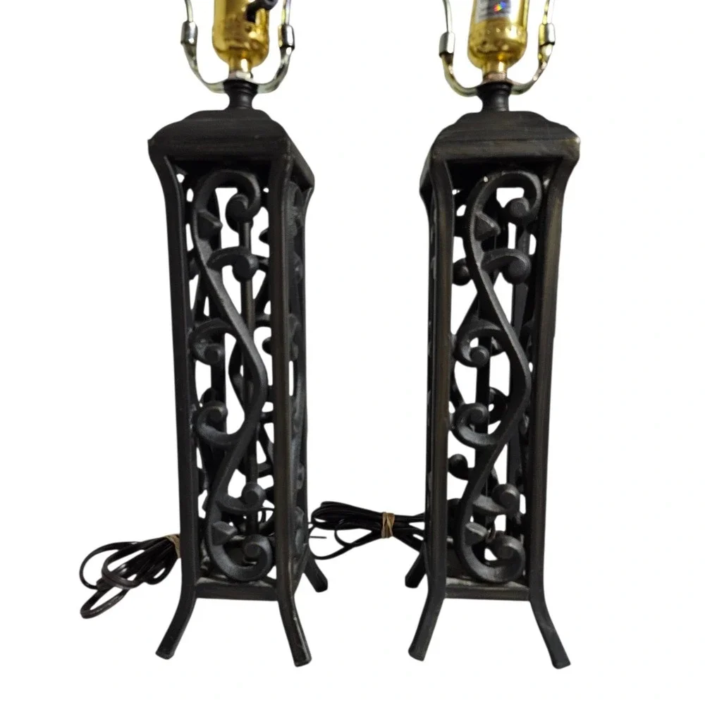 Pair Vintage Black Wrought Iron Table Lamps Gothic Spanish Revival Scrollwork